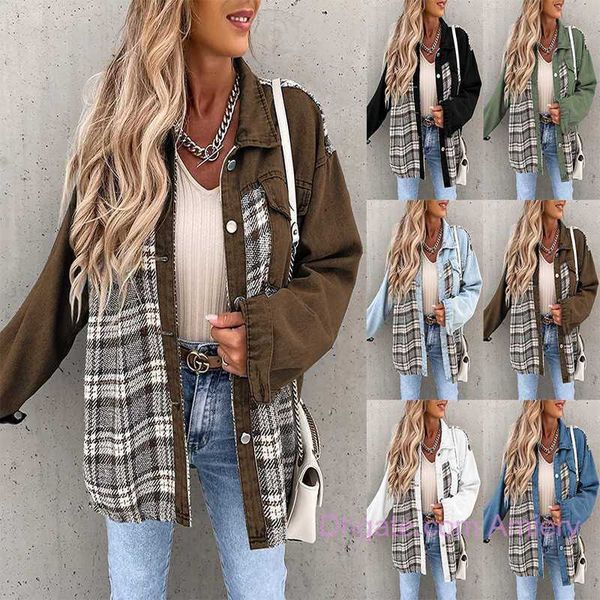 

autumn winter womens denim jacket long sleeve coats woman plaid button shirt jackets jeans coat, Black;brown