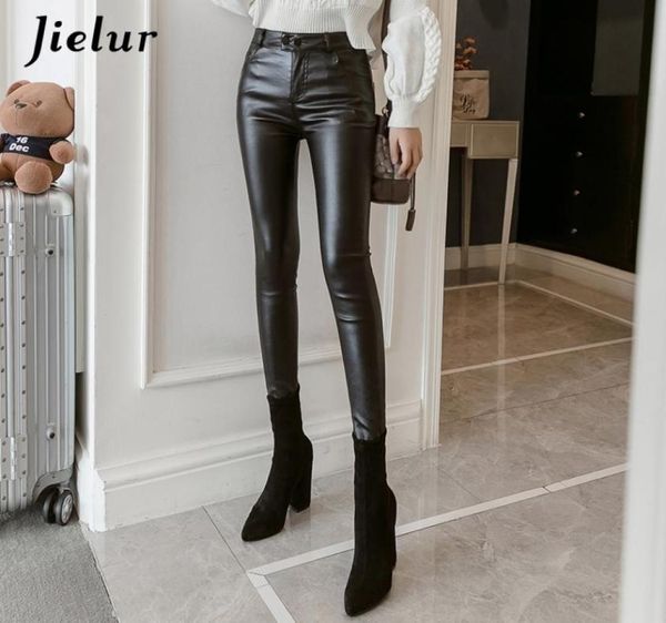 

jielur new pu faux leather leggings women skinny silver red black pants female lady s3xl thinfleece pencil leggins mujer y2001072741802, Black;white