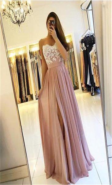 

2021 blush pink long bridesmaid dresses high side split spaghetti aline appliques chiffon wedding guest dress prom party gowns2172256, White;pink