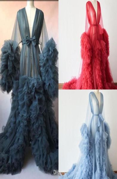 

chic illusion ruffles tulle long sleeve women winter kimono pregnant party sleepwear women bathrobe sheer nightgown robe shaw8259743, White