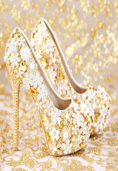 

fashion comfortable gold wedding shoes women shoes platform high heels rhinestone bridal shoes handmade genuine leather9307542, Black