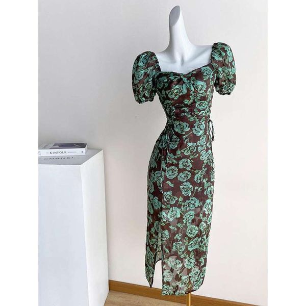 

green retro floral short sleeved dress womens summer long french high class temperament pure wind split skirt, Black;gray