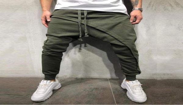 

men039s pants fashion men harem solid color drawstring asymmetric double layer long running jogger baggy 2021 for clothings5789390, Black