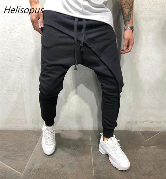 

helisopus men jogger pant streetwear asymetric layered pants men039s spring casual drawstring pants233s7170695, Black