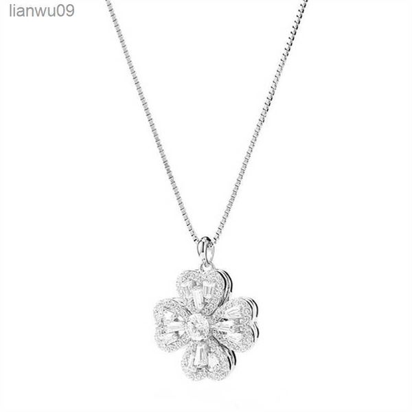 

rotating clover flower necklace women luxury simple zircon pendant lady 925 sterling silver clavicle girls valentine's day gift l230704