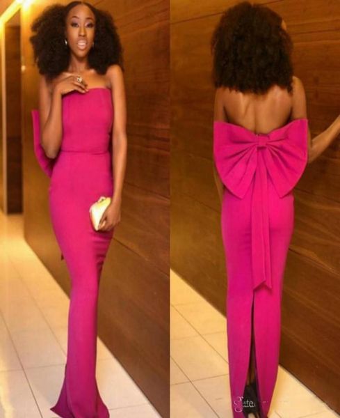 

2018 fushia mermaid evening gowns backless strapless prom dresses with big bow satin back split evening party dress ves6668050, Black;red