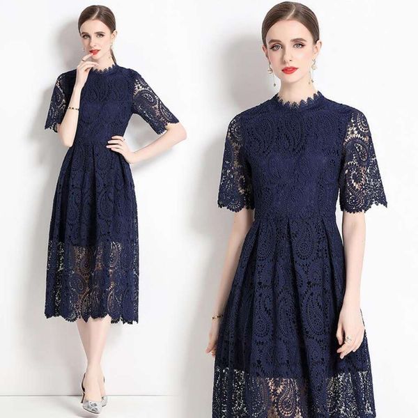 

han caixis high end womens dress with embroidered water dissolving lace, Black;gray