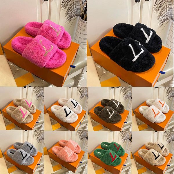 

luxury slide designer womens fluffy slipper winter autumn warm comfort slippers casual shoes white pink famous ladies platform scuffs sandal, Black