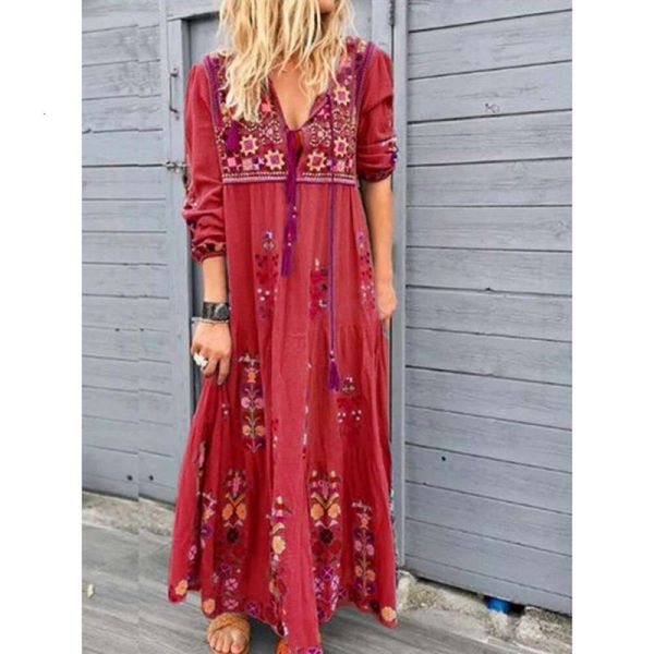 

bohemian dress with floral prints long sleeve drawstrings women, Black;gray