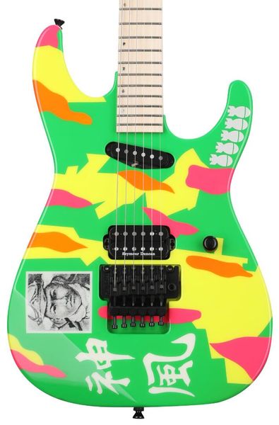 

george lynch kamikaze 4 green camouflage electric guitar floyd rose tremolo bridge single coil neck pickup maple fingerboard abalone offset
