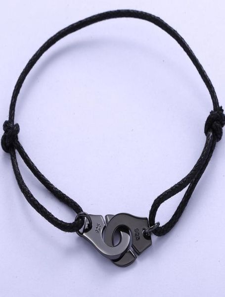 

925 sterling silver black rope menottes handcuffs bracelet for women ps10169437317