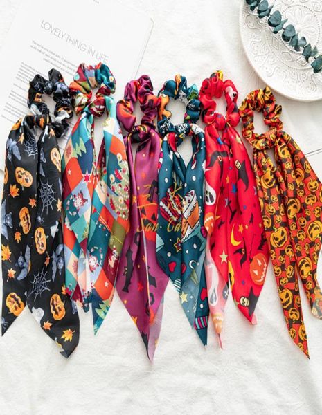 

children scrunchie fashion new girls pumpkin printed ribbon ponytail holder kids halloween bows hair accessory a40112878414, Slivery;white