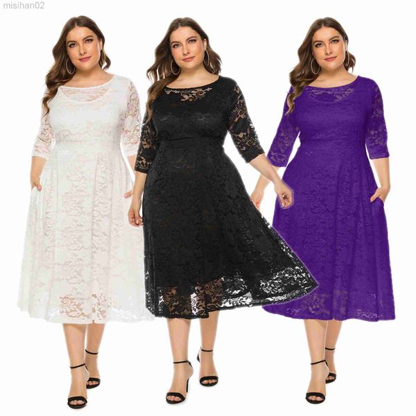 

basic casual dresses summer elegant big size 5xl 6xl half sleeve casual women midi dress lace spring female plus sizes wedding party evening, Black;gray