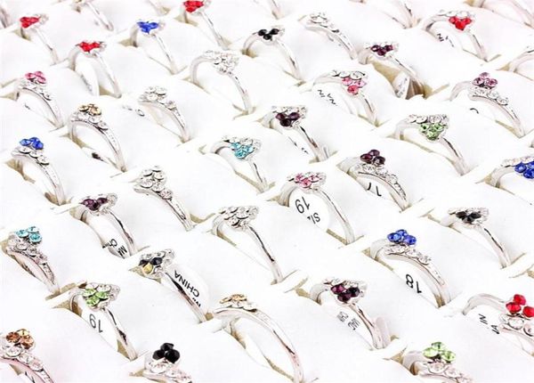 

qianbei 50pcs set whole mixed lots shiny crystal rhinestone rings kid children engagement wedding bridal finger ring jewelry1981319379381, Silver