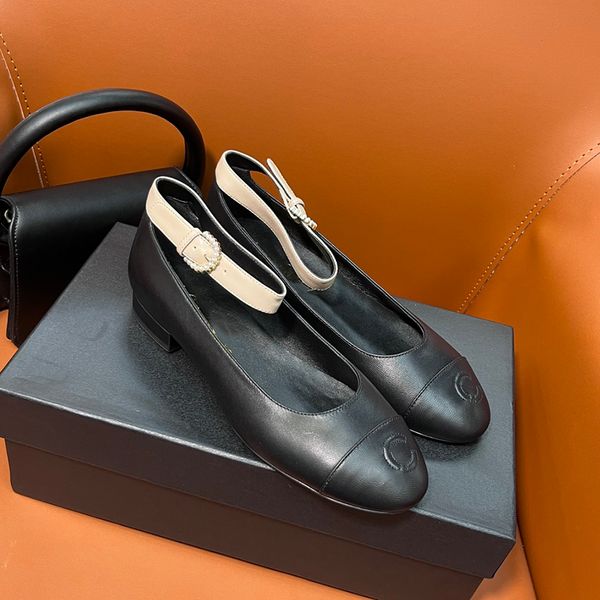 

designer womens dress shoes sheepskin round head double color classic embroidered ballet shoes pearl ankle buckle walking shoes mom shoes st, Black