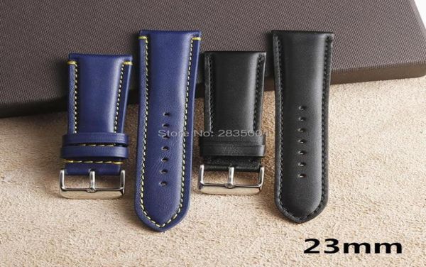 

watch bands glossy genuine leather watchband 23mm blackblue stitched calfskin strap with pin buckle for brand stock men7764540, Black;brown