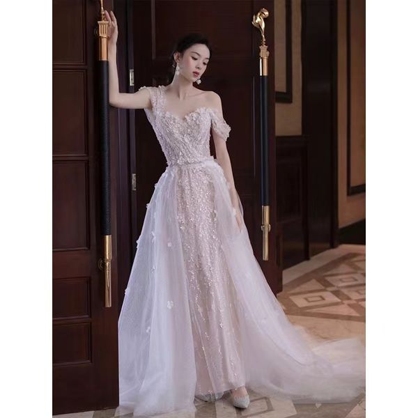 

2023 plus size mermaid wedding dresses bridal gown with detachable train long off shoulder lace applique crystals beaded beach ruffles custo, White