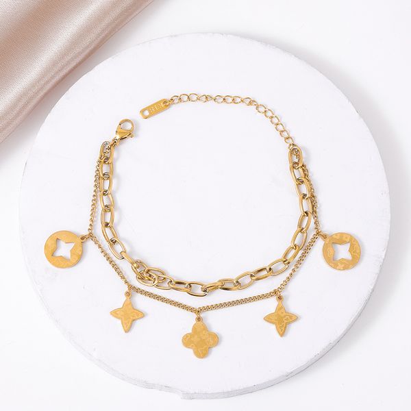 

pretty double layered 4 leaf clover charm bracelet jewelry for gift, Golden;silver