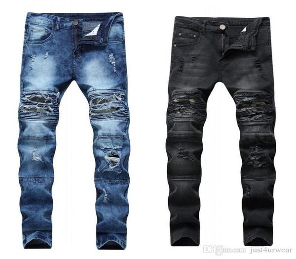 

mens new skinny ripped motorcycle biker jeans male plus size camouflage patchwork denim pants male jeans8426496, Blue