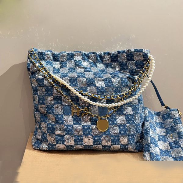 

17/34cm women designer two-tone sequins plaid 22 bag with coin charm string pearl chain aged gold letters metal hardware garbage bags should
