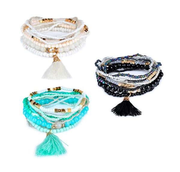 

6 colors boho beach multilayer crystal tassel charm beaded bracelets for women bohemian layered beads chains wrap bangle fashion j8856099, Golden;silver