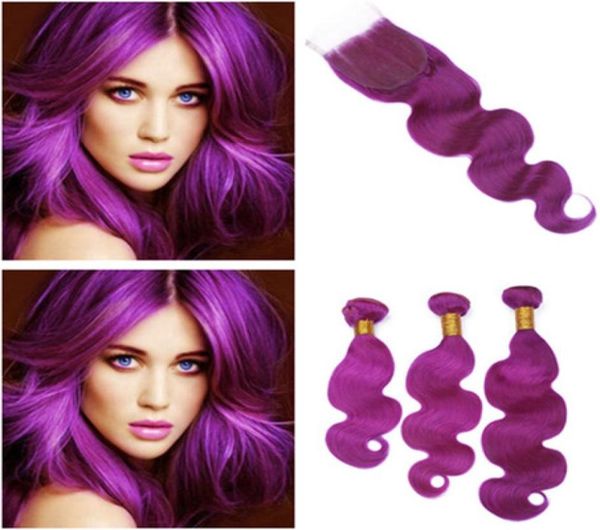 

body wave purple colored 4x4 lace closure piece with 3bundles malaysian purple human hair weave weft extensions with closure5273437, Black