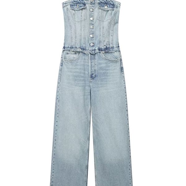 

women s jumpsuits rompers trafza women chic denim button with tube vintage casual backless elastic force female streetwear playsuits 230804, Black;white