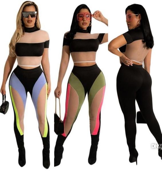 

women tracksuits summer shorts two piece pant set 2022 new fashion mesh stitching contrasting colors short sleeve trousers slim fi6939348, Gray