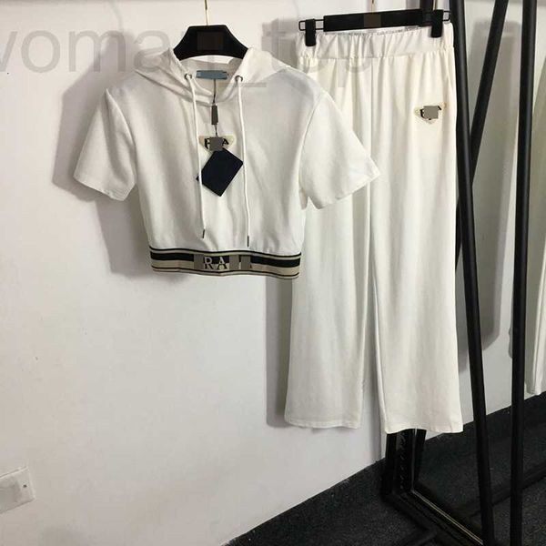

women's t-shirt designer p family's 2023 summer new sports set ribbon short sleeve hooded t-shirt sweater elastic waist wide leg p, White