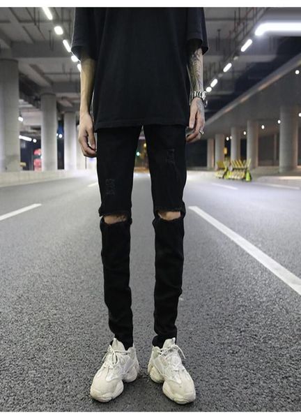 

men039s jeans european and american high street style classic allmatch knife cut hole black stretch slim with the same paragra8789292, Blue
