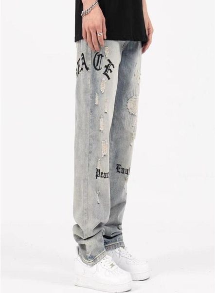 

2022 vintage jeans men fashion print pants trousers washed06425328, Blue