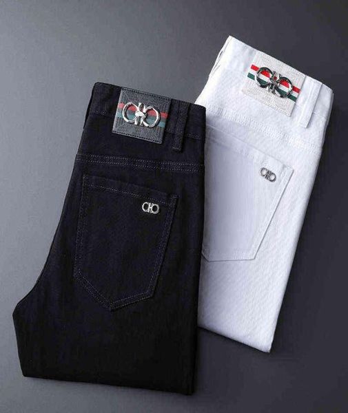 

men039s clothing chino pants cotton jeans trousers brand embroidered thin straight closefitting pants denim8657621, Blue