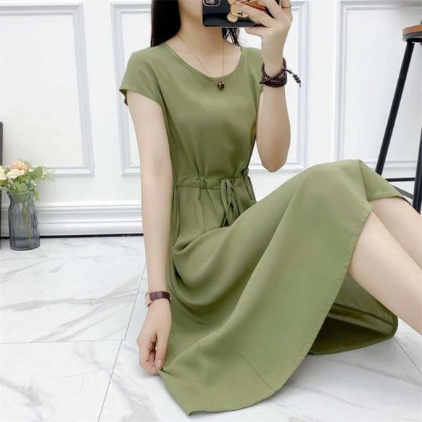 

summer pure color korean dress loose drawstring small waist thin large womens, Black;gray
