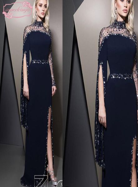 

ziad nakad navy blue evening dresses high neck beading sequins long sleeve sheath side slit floor length long evening gowns5039079, Black;red
