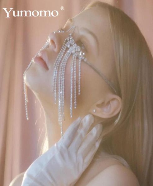

2021 luxury full rhinestone tassel mask masquerade face jewelry for women crystal chain cosplay face accessories1584941, Silver