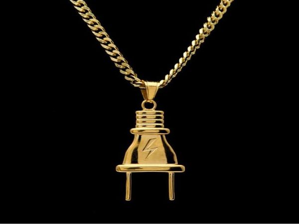 

14k gold plated mens hip hop lighting plug pendant necklace with 70cm long cuban link chain jewelry5073386, Silver