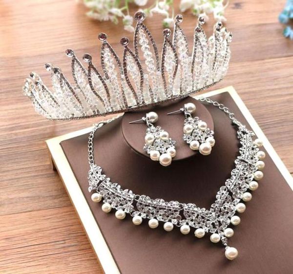 

selling highend bride wedding crown necklace earrings threepiece designer white crystal exquisite craft birthday party big 6291152, Silver