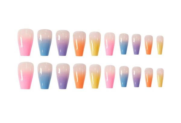 

naf008 24pcs gradient color long coffin fake nails rainbow ballerina full cover fake nail extension diy colorful nails with retail9740886, Red;gold
