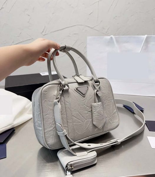 

fashion tote travel pillow bags wrinkled genuine leather shoulder handbags metal triangle zipper handbags removable zipper pouch crossbody b