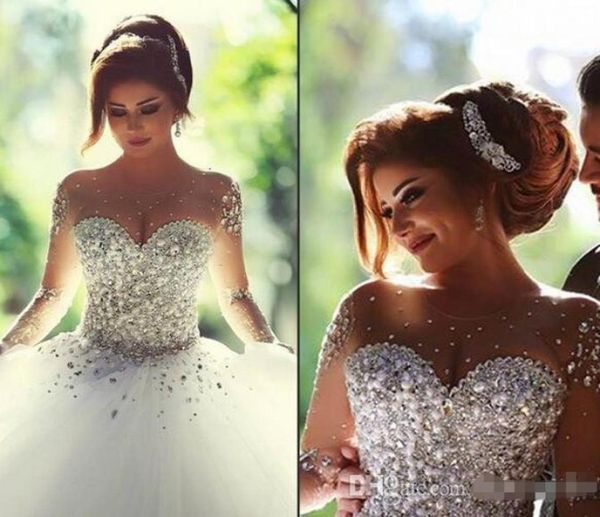 

luxury arabic dubai style wedding dresses with sheer long sleeve heavy crystals pearls beaded custom made women bridal ball gown n1828630, White