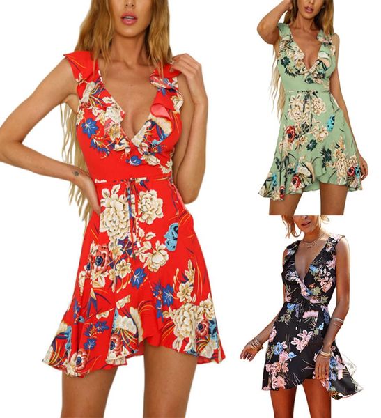 

women chiffon summer dress ruffle bohemian print beach boho dress deep v-neck sleeveless mini wrap dress7579387, Black;gray