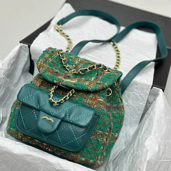 

green tweed women mini backpack leather cion purse quilted luxury handbag vintage outdoor crossbody designer bag gold hardware multi-pocket