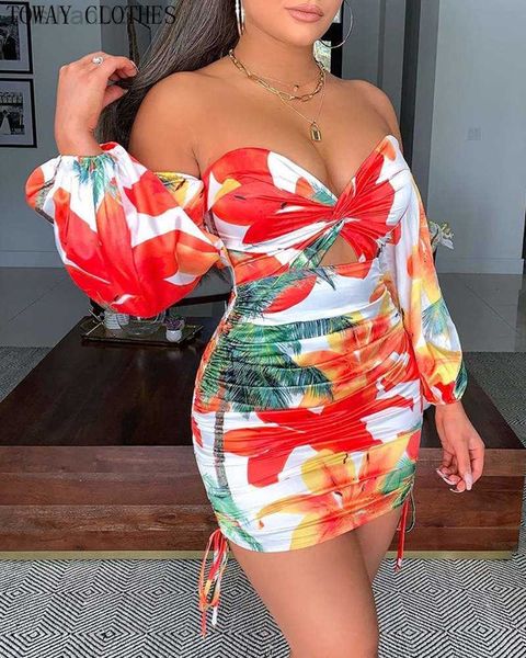 

basic casual dresses dress for women 2022 floral print off shoulder ruched drstring design cutout bodycon plunging vestidos elegantes para, Black;gray