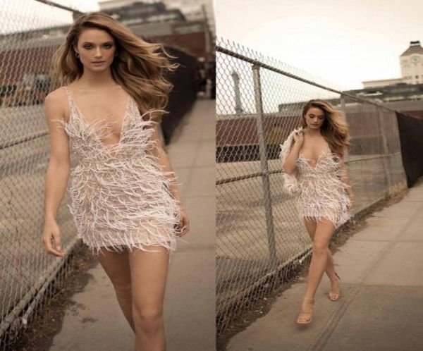 

berta 2019 short wedding dresses plus size bead feather wedding gowns sheer deep v neck sheath bridal dress5290019, White