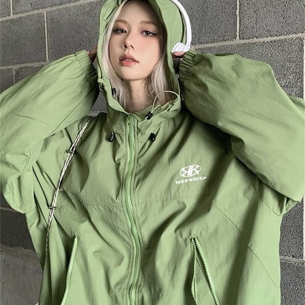 

women's jackets qweek y2k green windbreaker jacket women oversized hip hop streetwear black waterproof hooded coat harajuku techwear ou, Black;brown