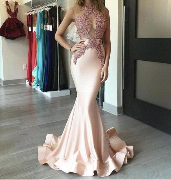 

see through mermaid prom dresses jewel lace applique pink satin evening dress 2018 customm made long party gowns9741484, Black
