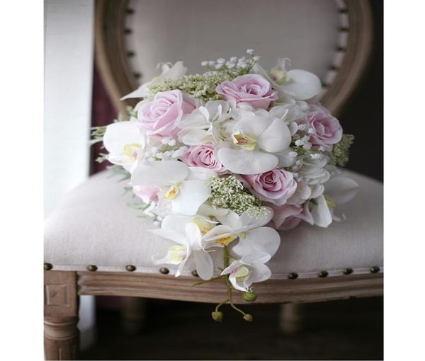 

romantic ivory pink cascading bridal bouquets de mariage roses orchid artificial silk flower handmade wedding bouquet 2018 ramo de1669199