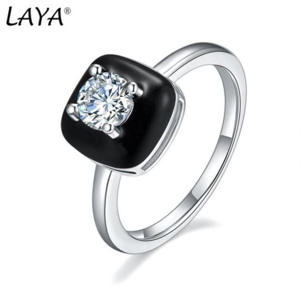 

laya solitaire ring for women pure 925 sterling silver retro style zircon white black enamel fine jewelry handmade en3521982, Golden;silver