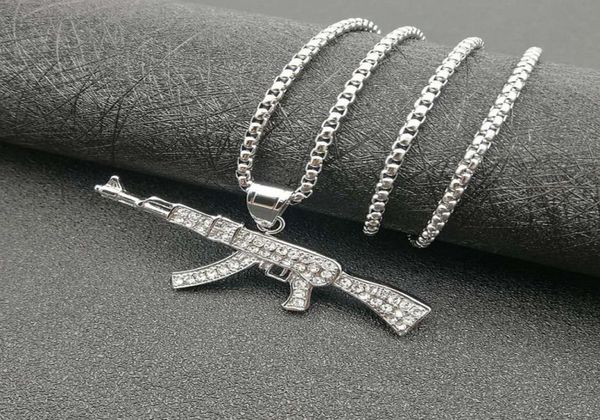 

hip hop jewelry titanium steel gold plated diamond ak47 pendant necklace 6cc37936960, Silver