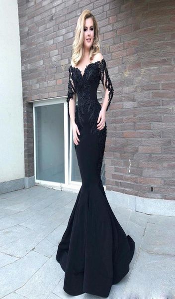 

black mermaid long sleeve mermaid evening dresses beaded saudi arabic sheer neck satin evening gown sweep train prom dress3486950, Black;red